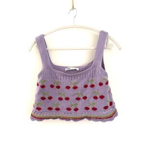 ZARA Cherry Knit Crop Top – Purple Tank with Embroidered Fruit Y2K Cottagecore M